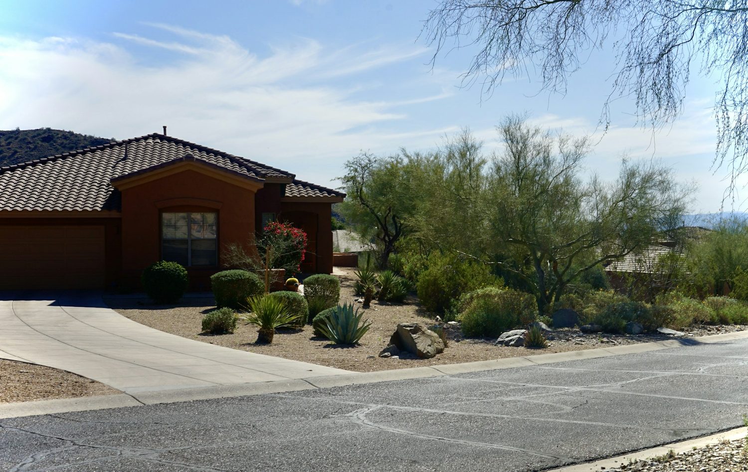 A single-family home with a tile roof and desert landscaping in a Phoenix neighbourhood